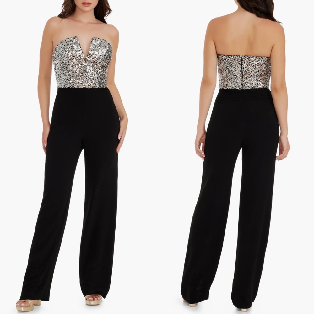 NEW DRESS THE POPULATION Black FERNANDA Sequin Bodice STRAPLESS Notch JUMPSUIT S